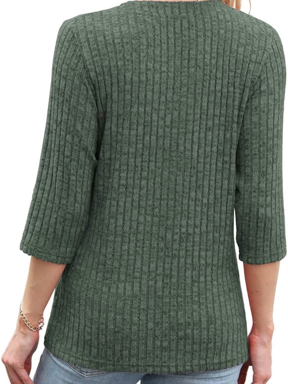 Green Ribbed Knit Top Women’s Large 3/4 Sleeve Button Front Casual Blouse - Picture 3 of 7